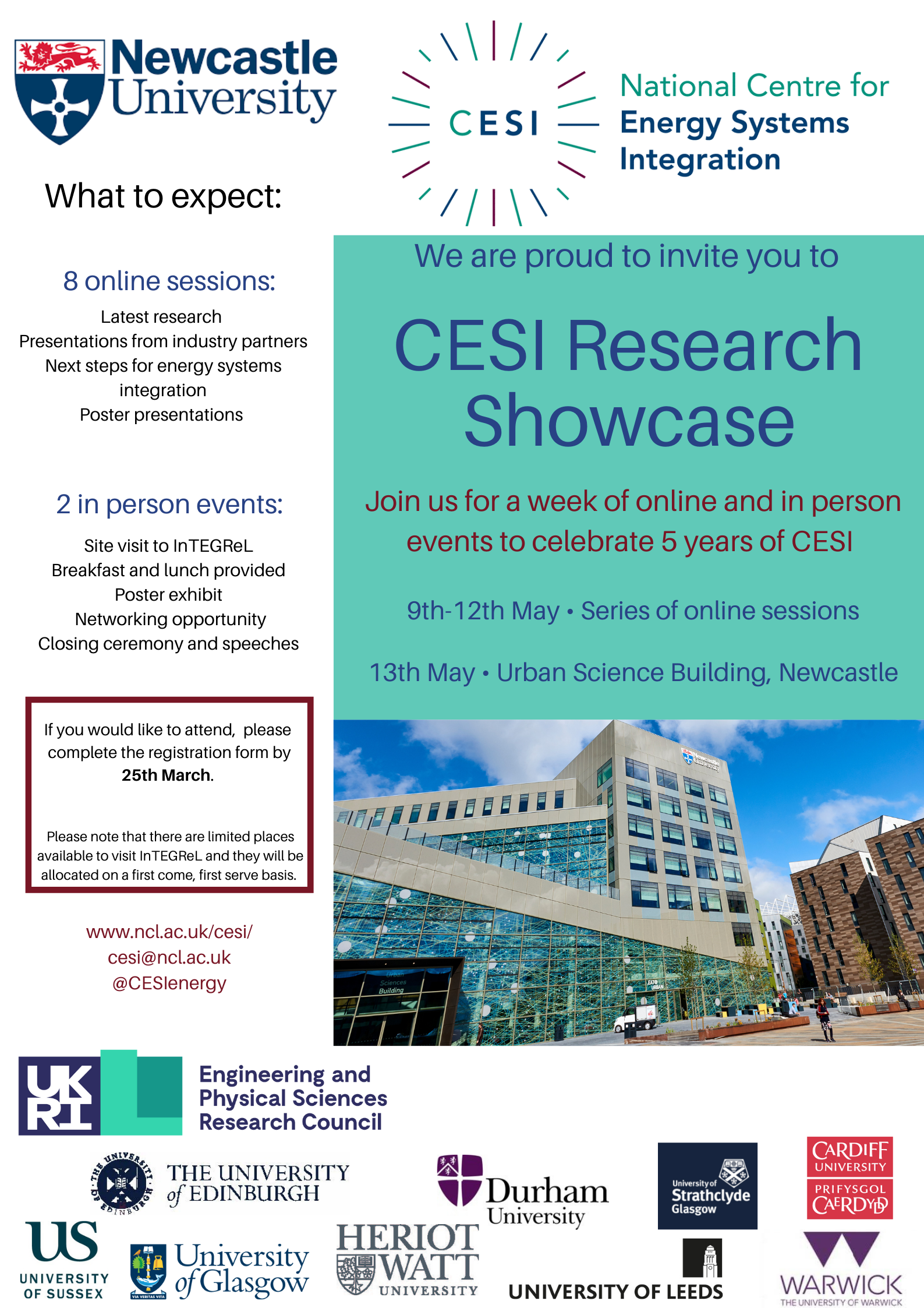 CESI research showcase events poster with partners logos and picture of USB